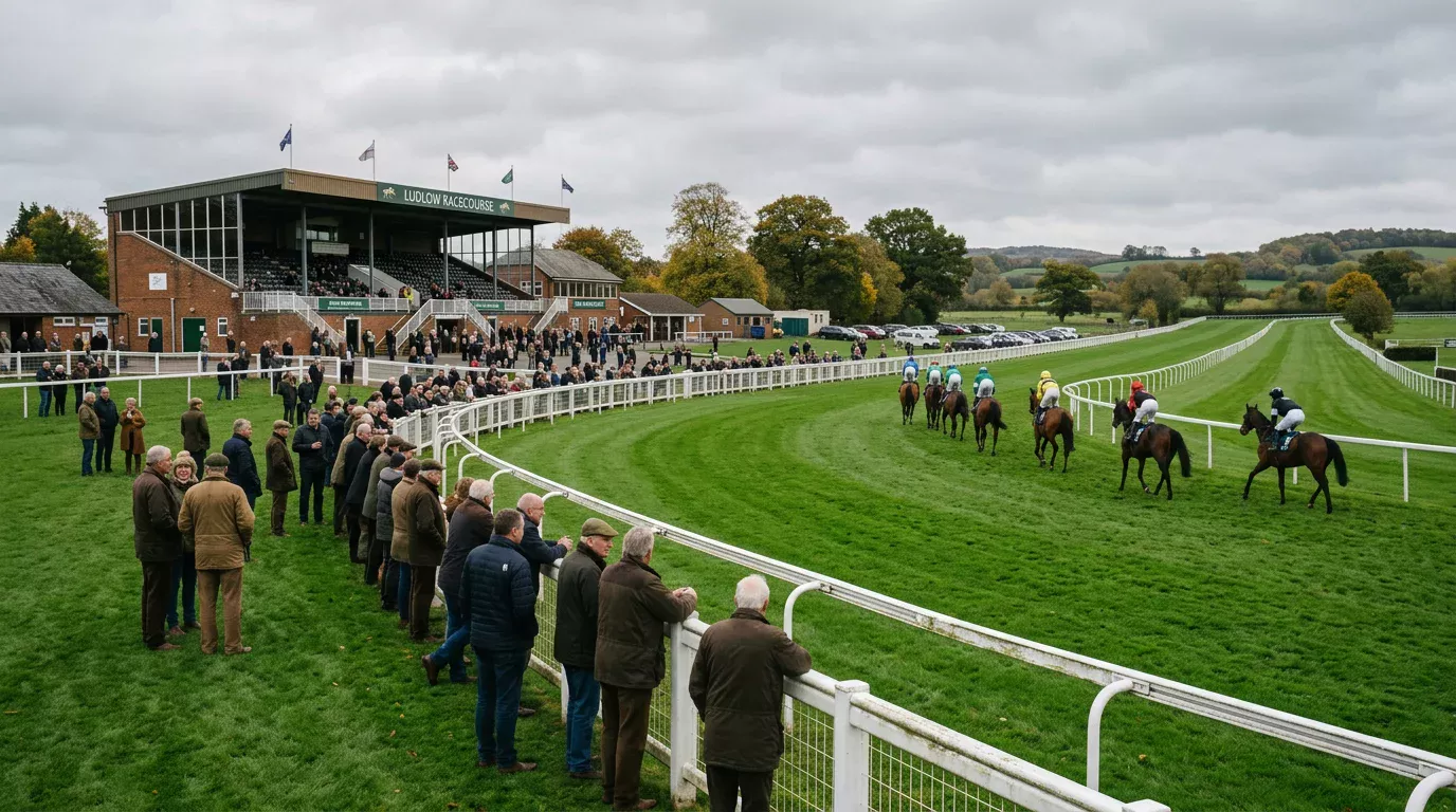 Wide view of a quiet weekday horse racing meeting with a small crowd and green turf track