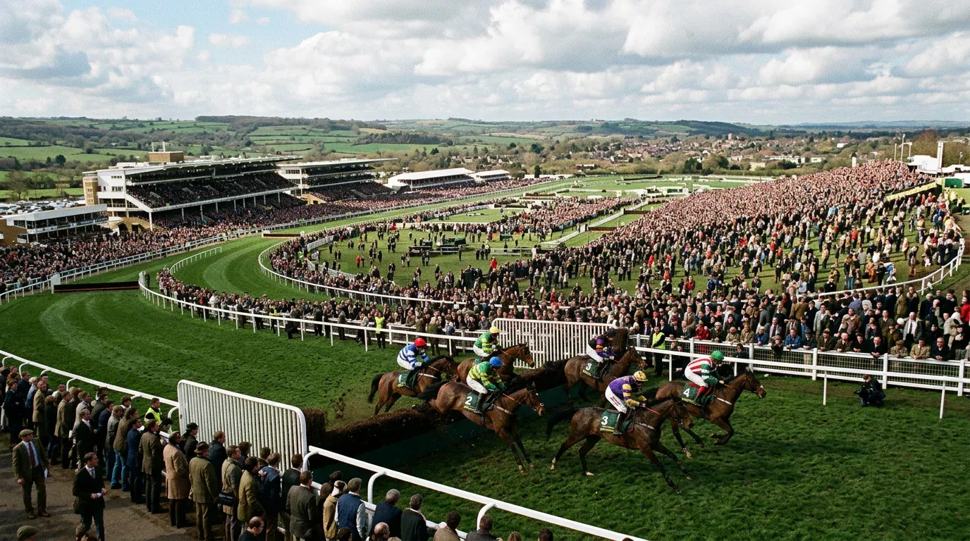 Aerial view of Cheltenham racecourse during the Festival with a packed amphitheatre and horses jumping a fence
