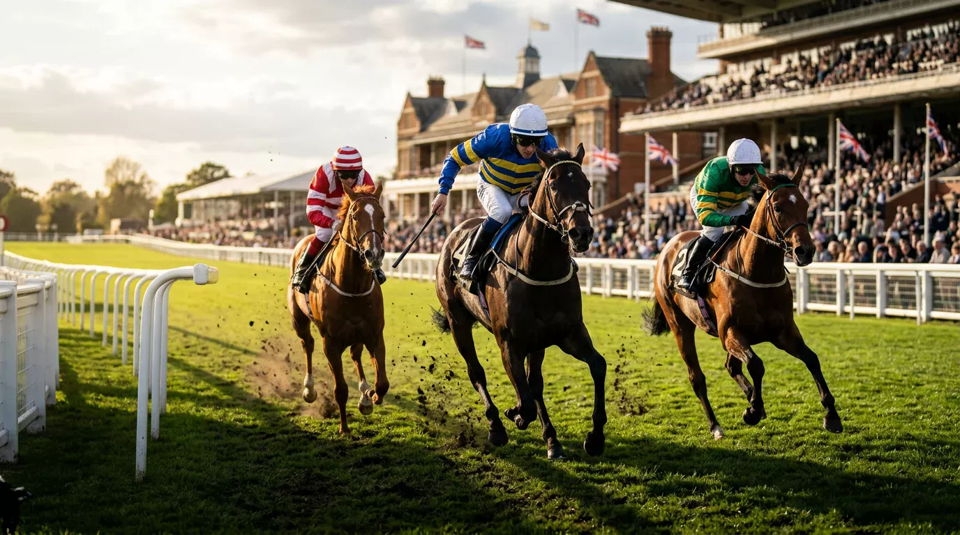 British racecourse scene with horses approaching the final furlong