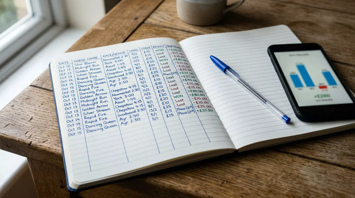 Close-up of a handwritten betting record sheet with columns for date, horse, odds and profit