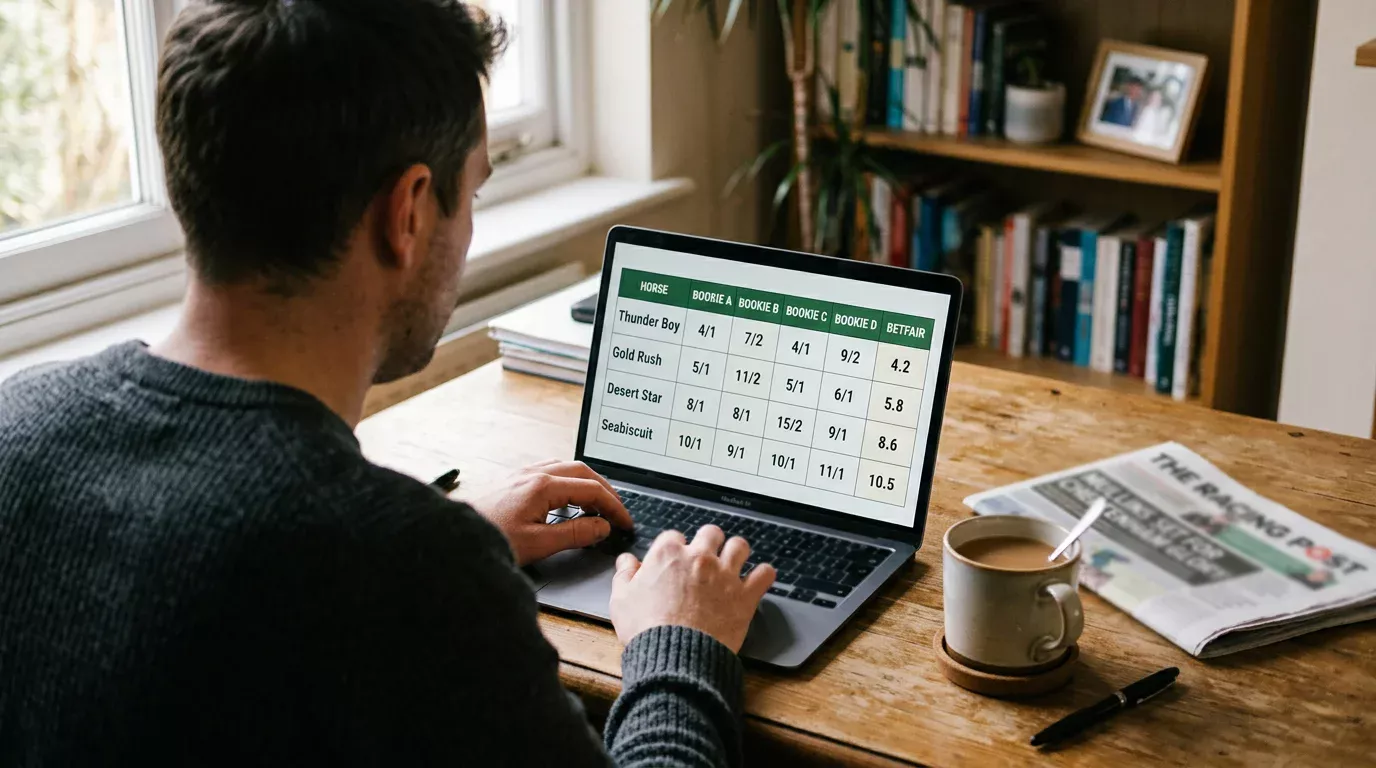 Laptop screen displaying a horse racing odds comparison grid with multiple bookmaker columns