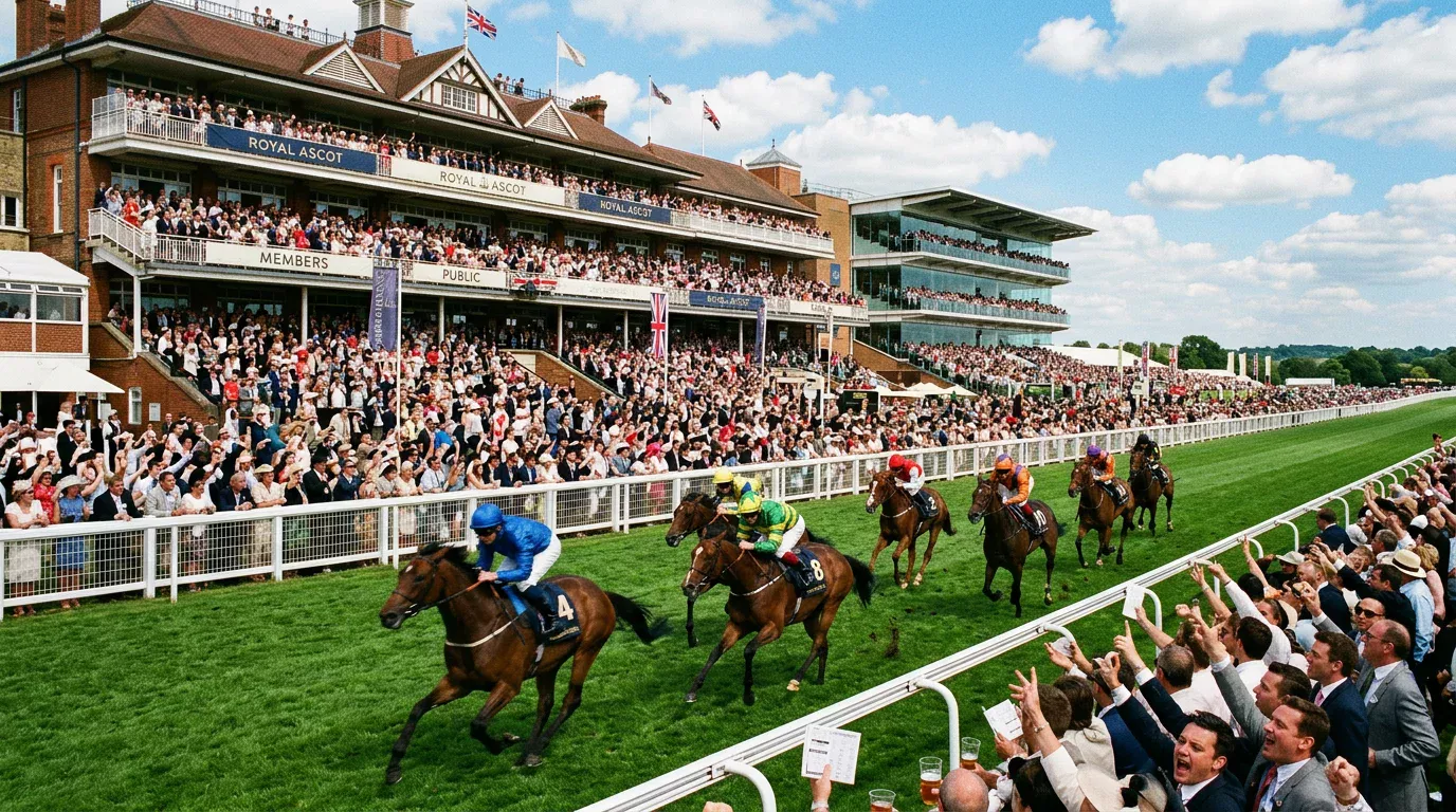Packed grandstand at a British racecourse with horses racing past the main stand