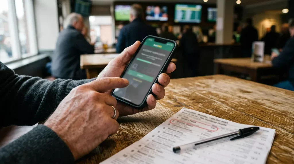 UK punter reviewing a betting account screen showing financial verification steps