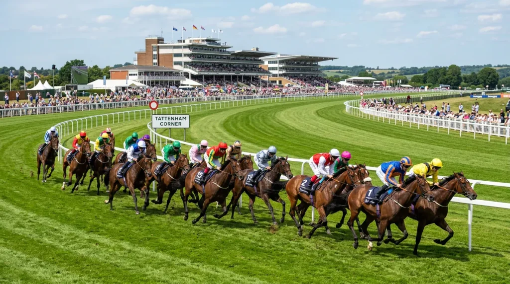 Horses rounding Tattenham Corner at Epsom Downs during the Derby