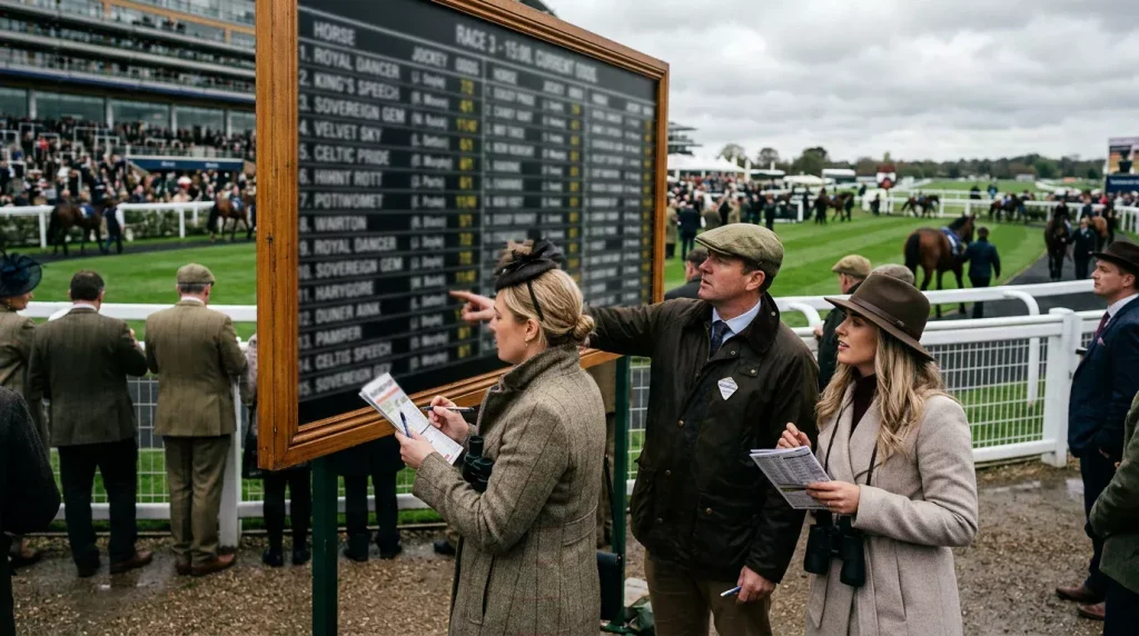 Racegoers studying the betting board at a UK racecourse with favourite odds displayed