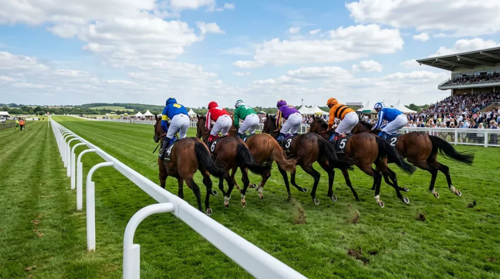 Flat racing field at full gallop on turf at a UK racecourse during summer