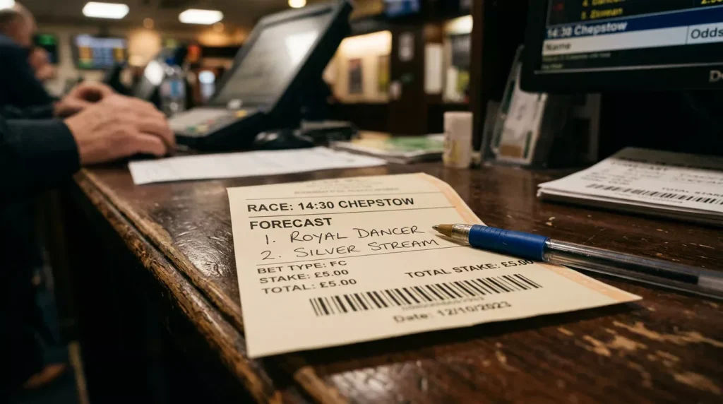 Betting slip showing a forecast and tricast selection on a horse racing card
