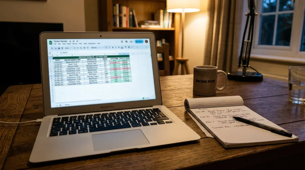 Laptop screen displaying horse racing tipster selections and performance records