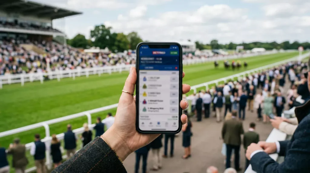 UK punter placing a horse racing bet through a mobile app at a racecourse