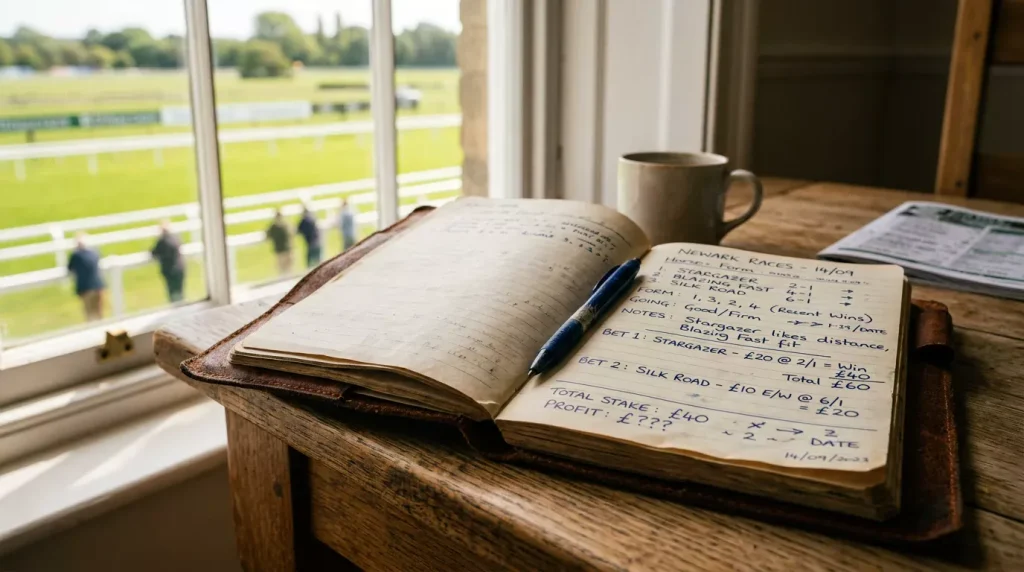 Horse racing betting strategy showing staking plan calculations and bankroll management tools
