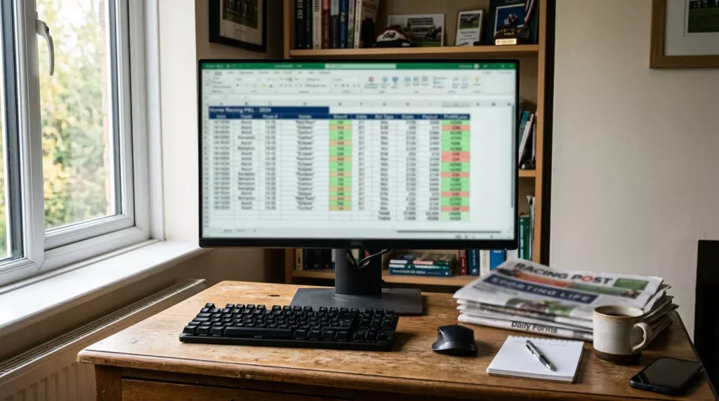 Spreadsheet of horse racing betting system results with profit and loss columns