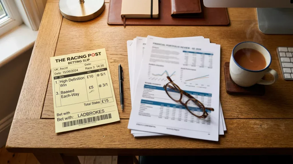 UK tax documents alongside a horse racing betting slip on a desk
