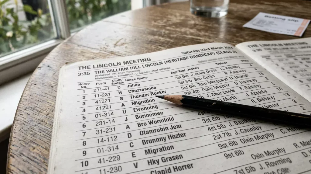 Close-up of a UK racecard with form figures and betting terminology visible