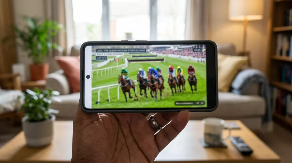 Smartphone showing a live horse racing stream with betting odds overlay