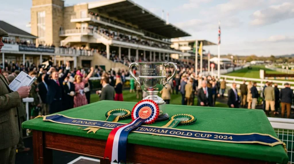 Trophy and cheque presentation at a UK horse racing prize-giving ceremony