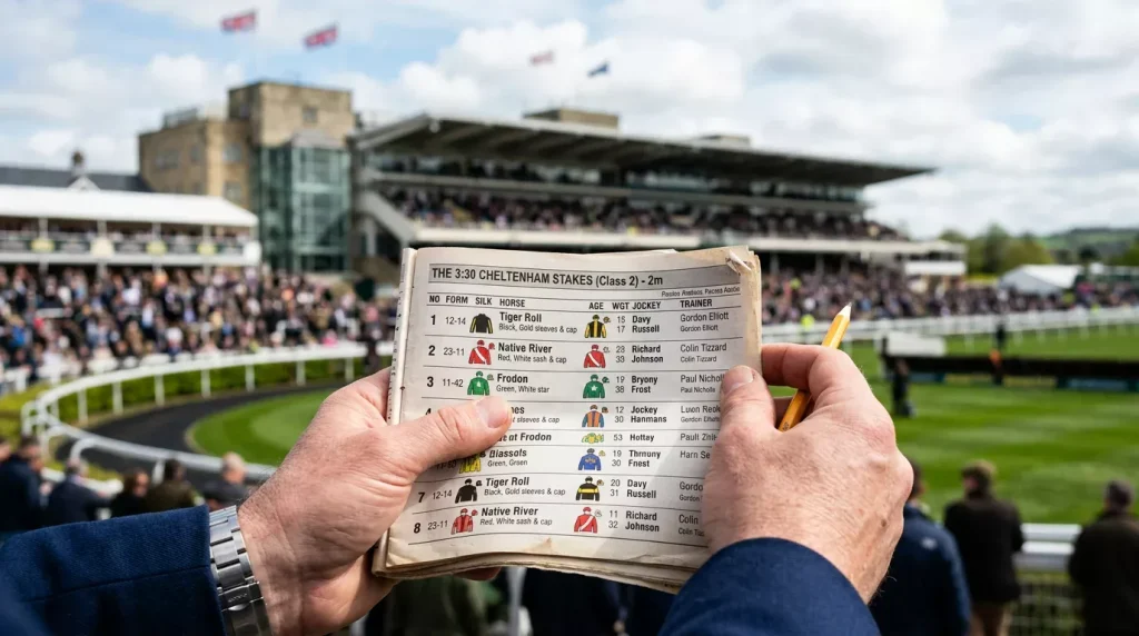 Annotated horse racing racecard showing form figures, going preferences and class ratings