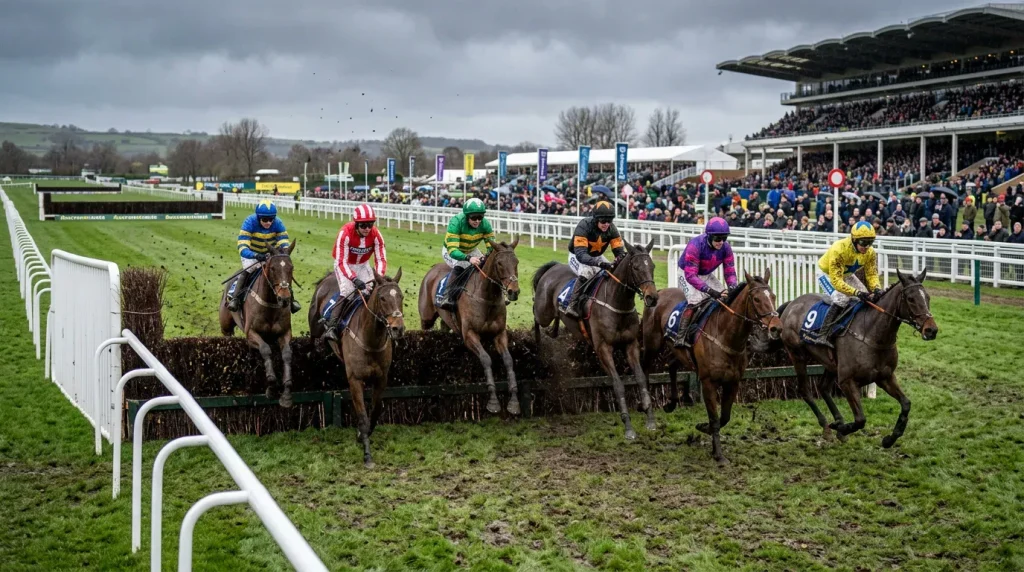 Horses clearing a birch fence during a steeplechase at a UK National Hunt racecourse