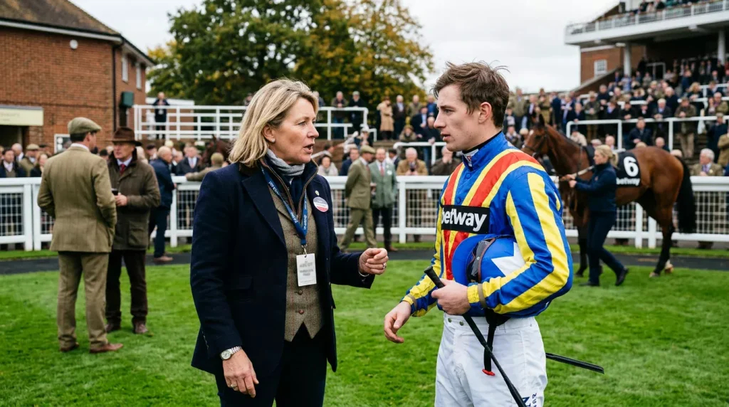 Trainer and jockey shaking hands in a racecourse paddock before a horse racing event